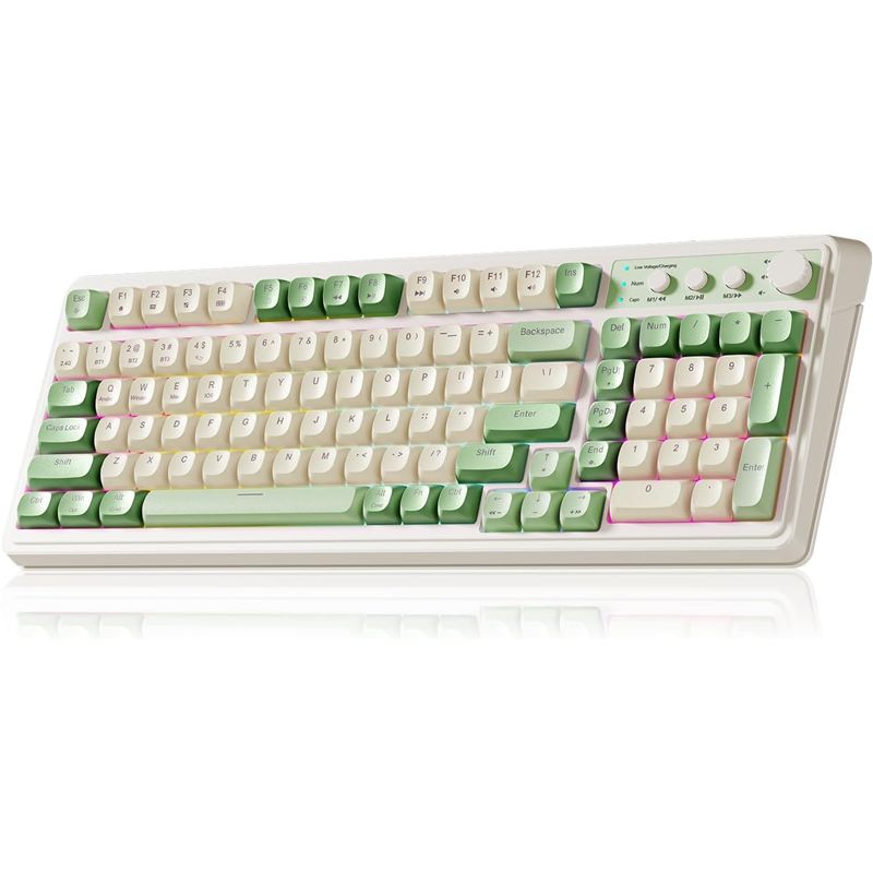 Teclado AULA S99 de estilo retro en verde y beige con perilla y teclado numérico