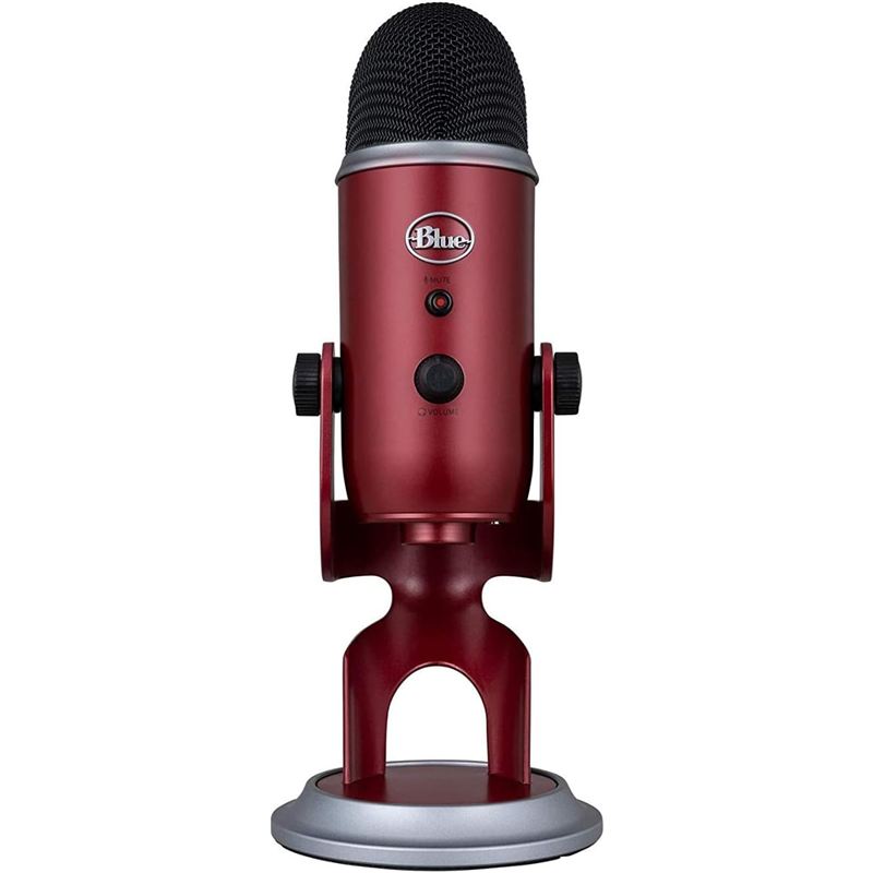 Micrófono USB Blue Yeti en color rojo sobre su base
