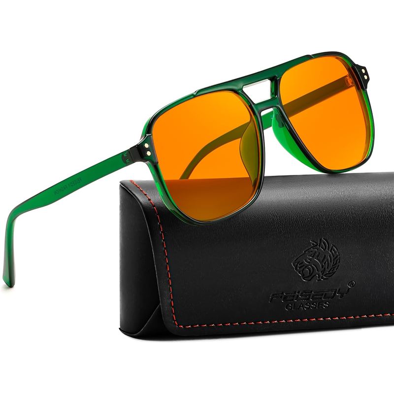 Lentes gaming FEISEDY G2835 con lente naranja y marco verde sobre su estuche
