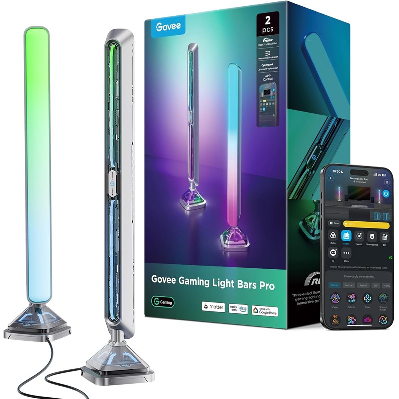 Par de barras de luz Govee Gaming Light Bars Pro junto a su caja y la app Govee Home