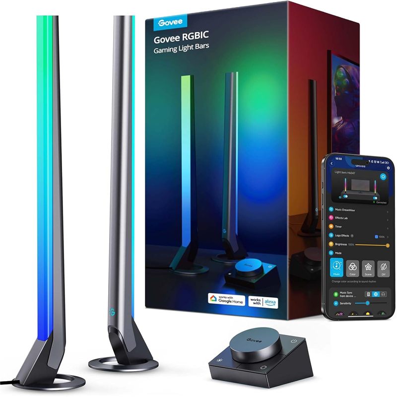 Dos barras de luz Govee H6047 encendidas junto a su control de dial y la app Govee Home