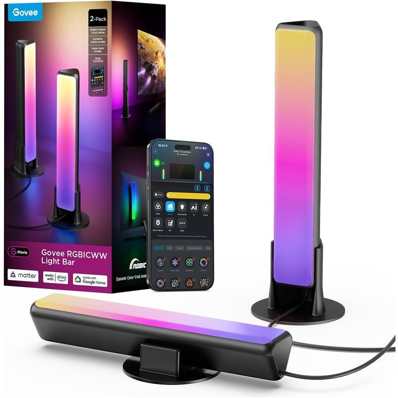 Dos barras de luz Govee H6056 negras encendidas en tonos rosa y morado, una de pie y otra acostada, junto a su caja y la app Govee Home