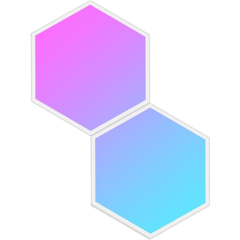 Dos paneles hexagonales Govee Glide Hexa del paquete de expansión, encendidos en morado y celeste