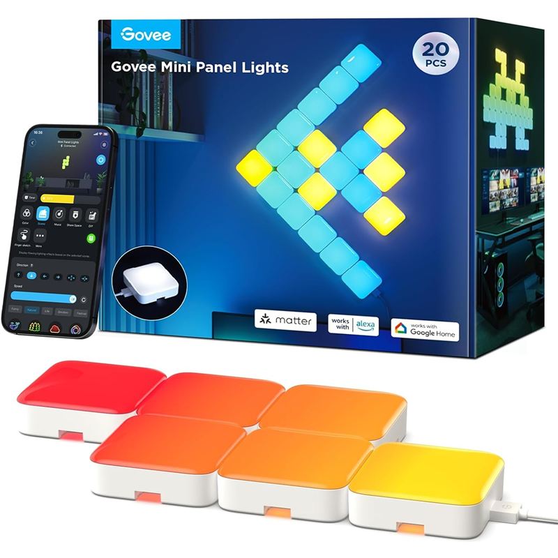 Mini paneles de luz Govee cuadrados encendidos en tonos naranja, con su caja de 20 piezas y la app Govee Home