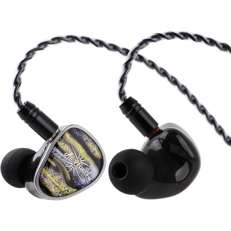 Monitores intraurales híbridos Kiwi Ears Étude negros con placa frontal decorada y cable trenzado desmontable