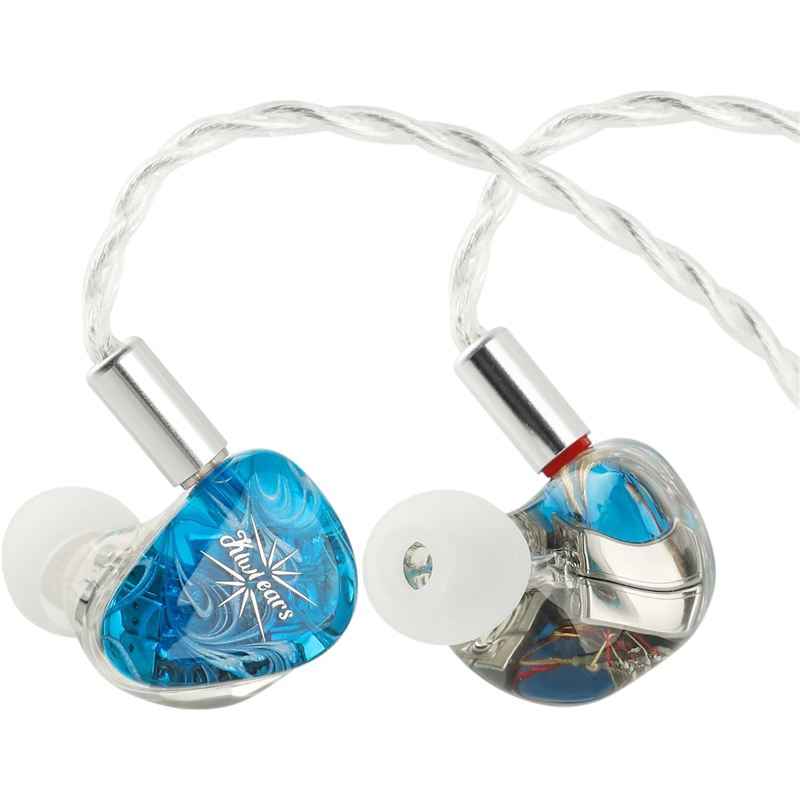 Monitores intraurales Kiwi Ears Orchestra Lite con placa frontal azul artesanal y cable trenzado desmontable