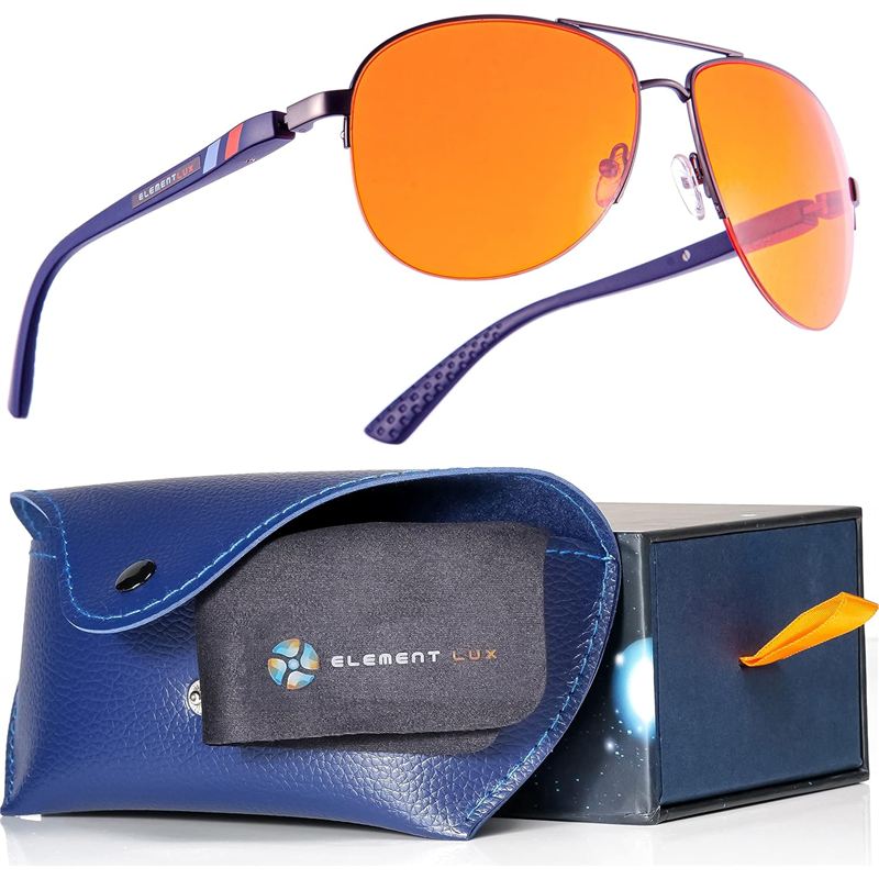 Lentes Element Lux estilo aviador con lente ámbar oscuro junto a su estuche azul y su caja