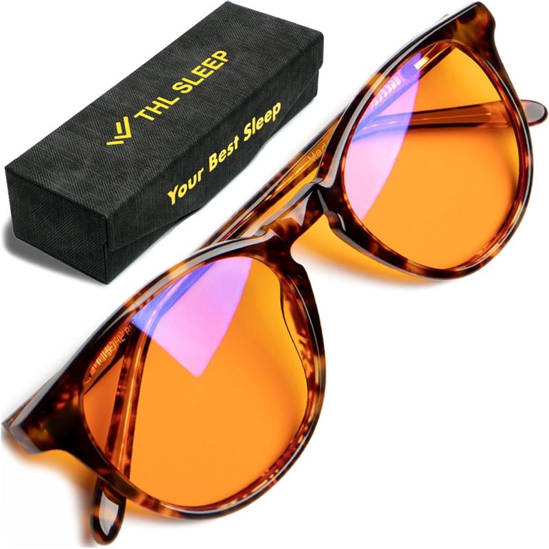 Lentes THL Sleep con lente naranja y marco carey junto a su caja