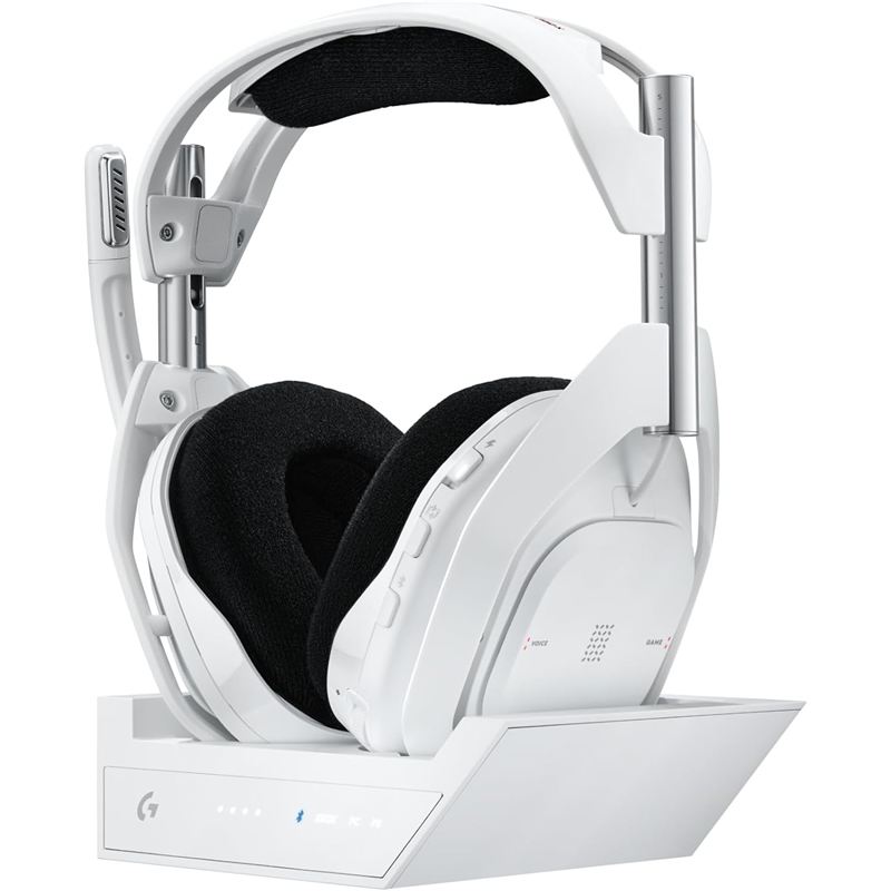 Audífonos inalámbricos Logitech G Astro A50 X blancos sobre su estación base