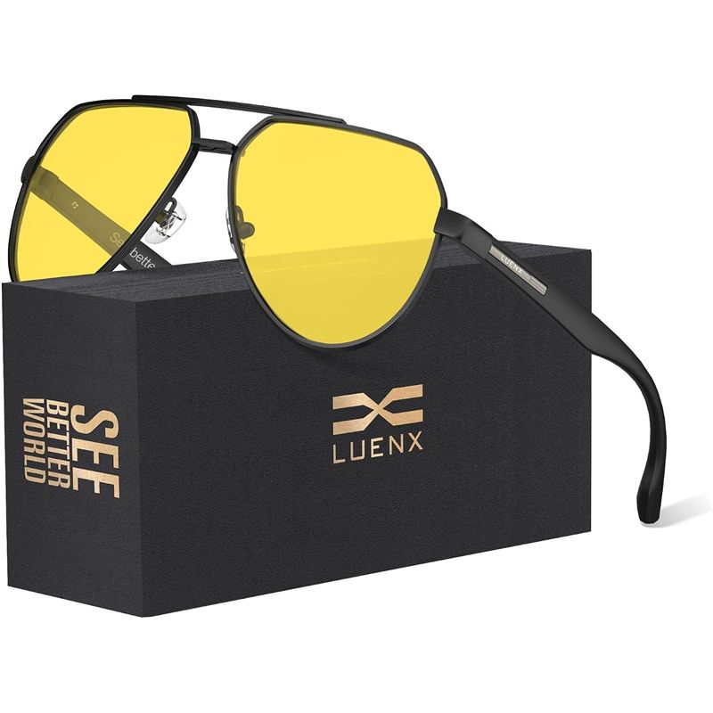 Lentes estilo aviador Luenx con lente amarillo y marco negro sobre su caja