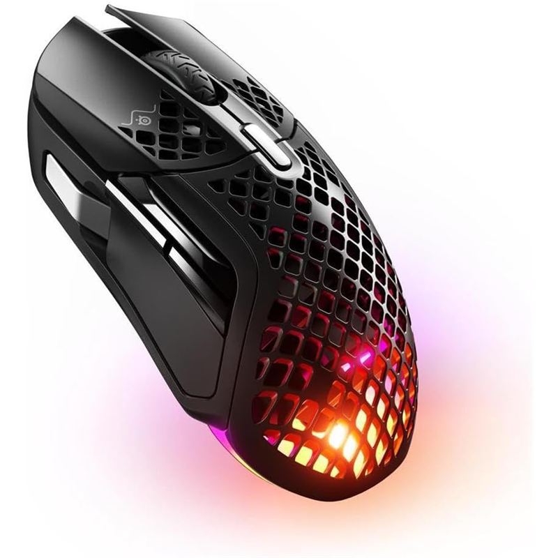 Ratón inalámbrico para juegos SteelSeries Aerox 5 Wireless negro con carcasa perforada, botones laterales e iluminación RGB