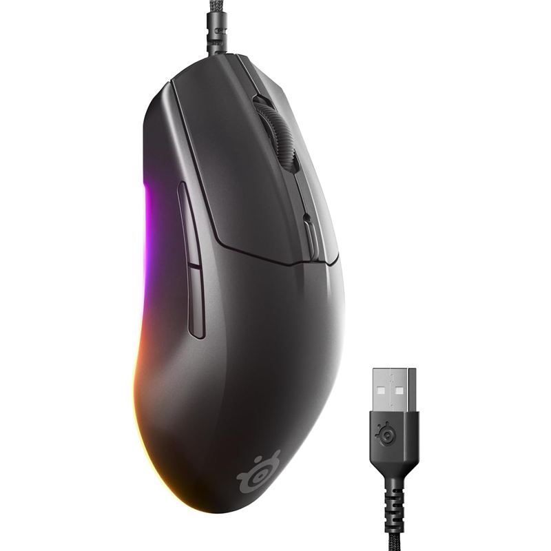 Ratón para juegos SteelSeries Rival 3 Gen 2 negro con iluminación RGB y cable USB trenzado